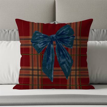 Bow Design Red And Blue Plaid Decorative Pillow