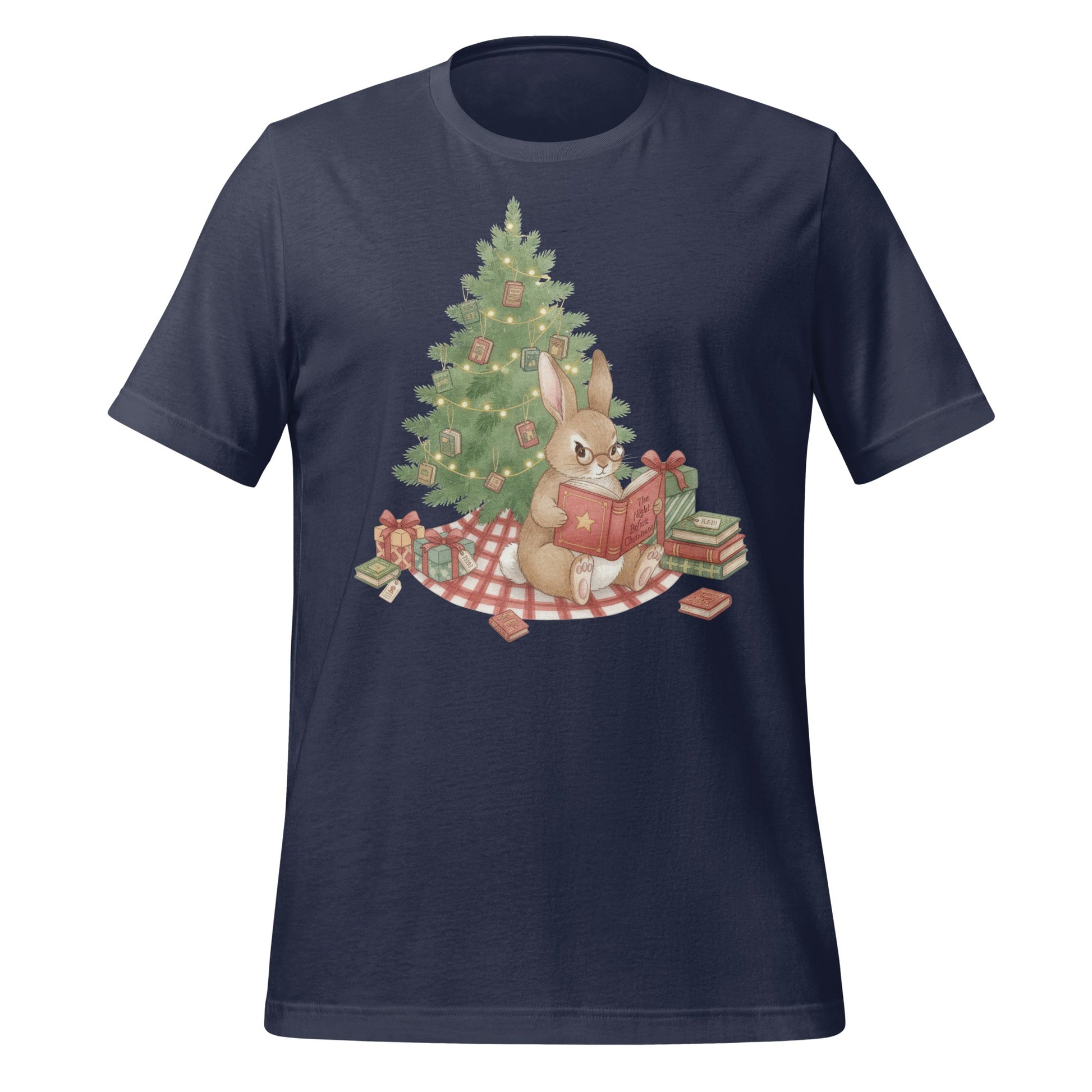 Cute Christmas Bunny with Tree and Books T-Shirt