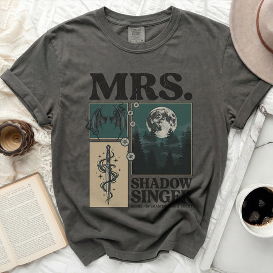 T-shirt with Mrs. Shadow Singer design featuring dragon, sword, and moon.
