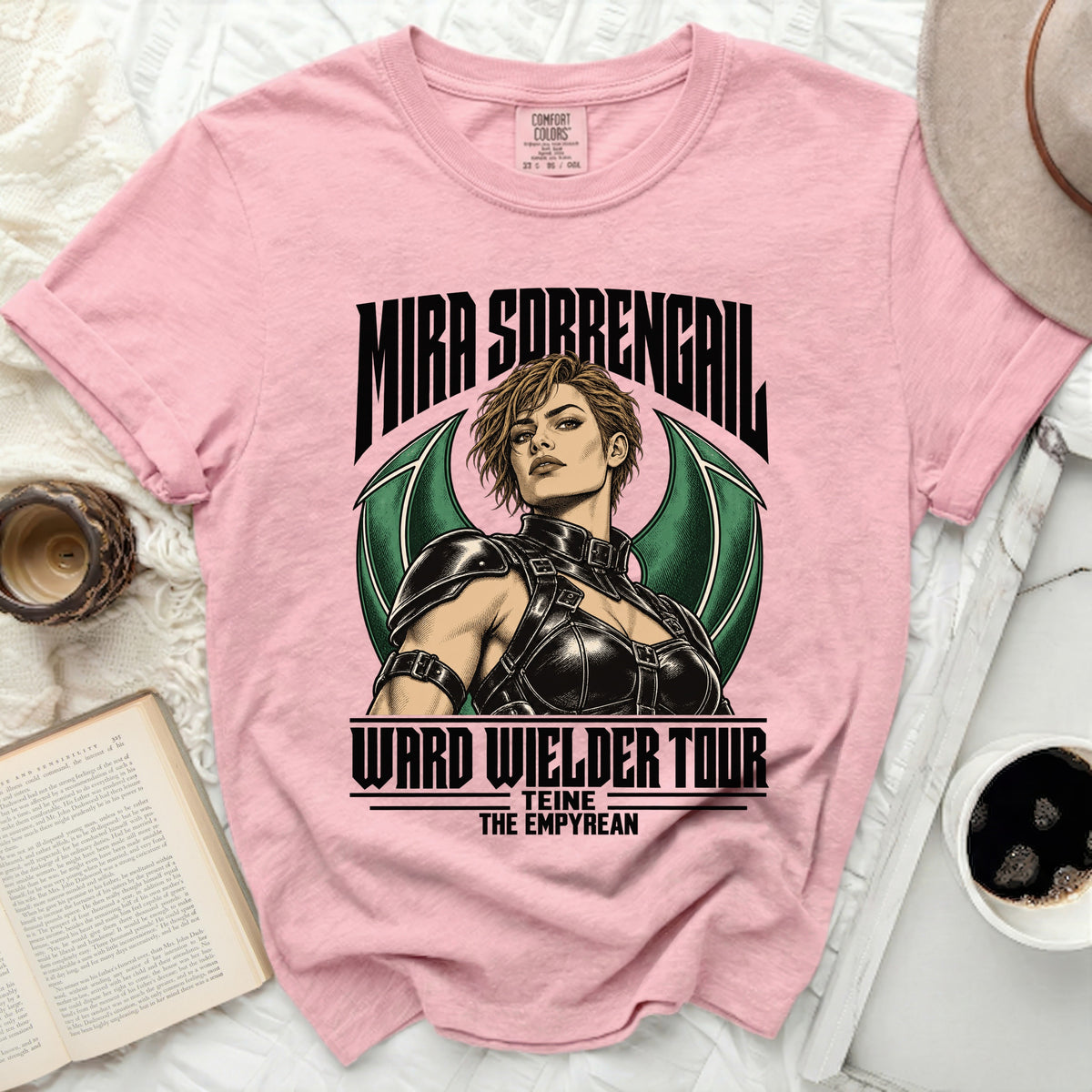 Pink t-shirt with Mira Sorrengail "Ward Wielder Tour" graphic.
