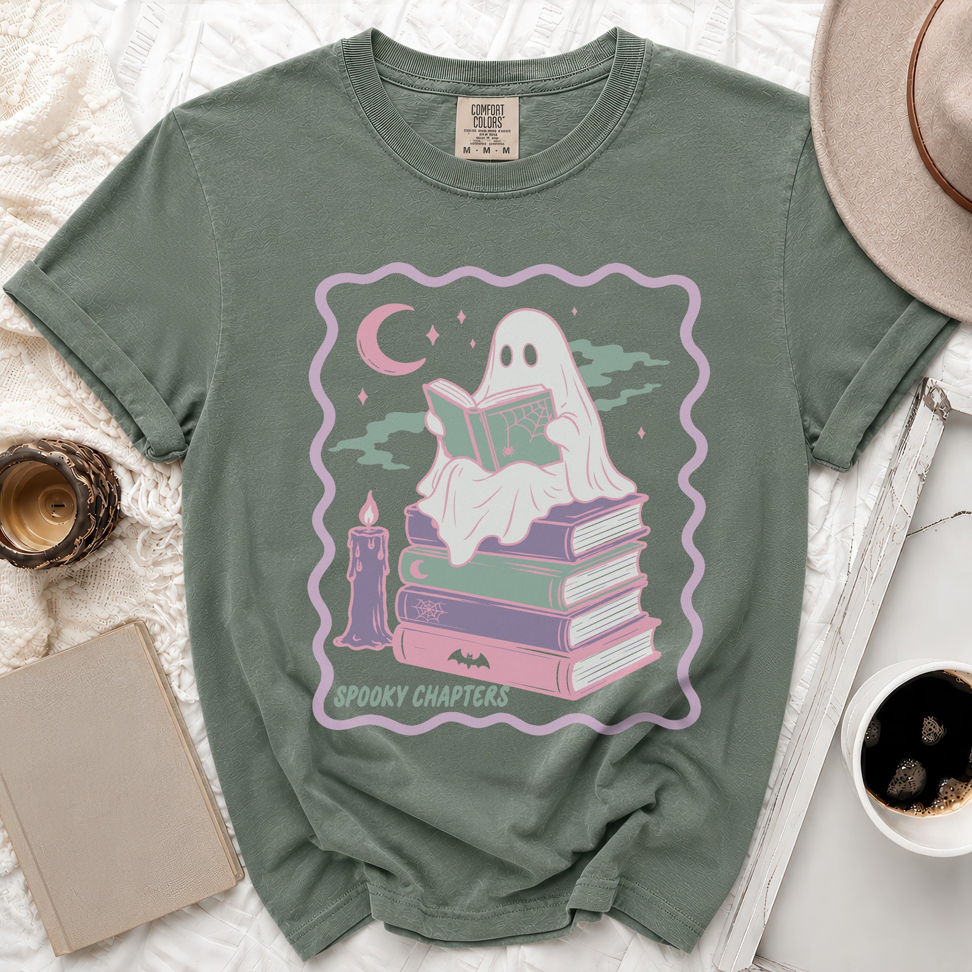 Ghost reading a book on a stack of books with "Spooky Chapters" text.