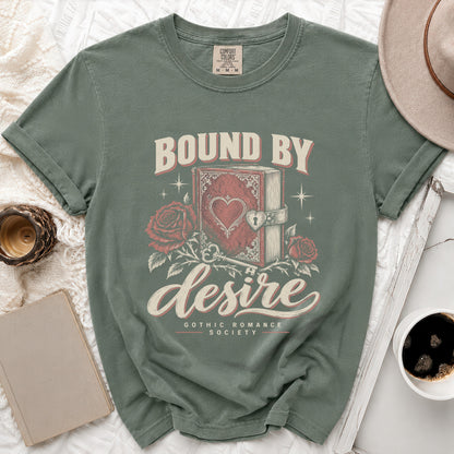 Green t-shirt with "Bound by Desire Gothic Romance Society" graphic.