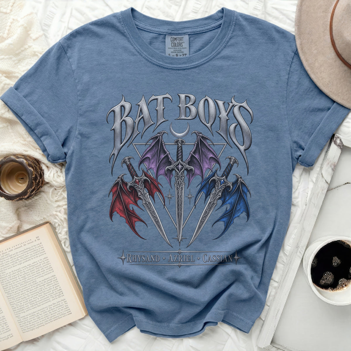 Blue t-shirt with "BAT BOYS" and "RHYSAND AZRIEL CASSIAN" text.