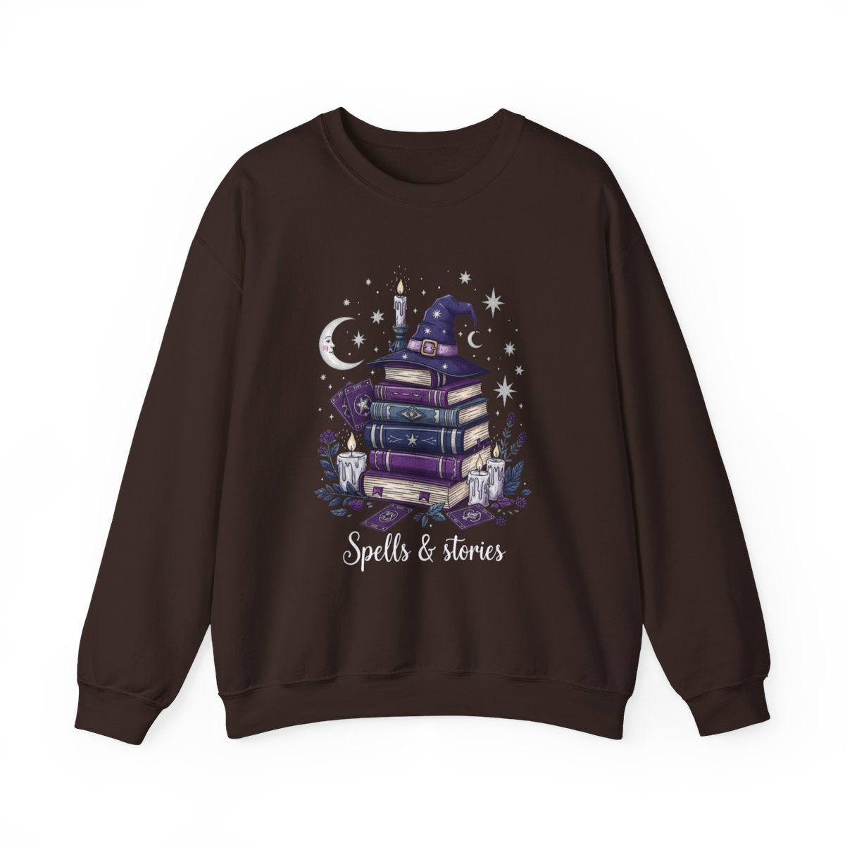 Spells Stories Stack Books Witch Hat Graphic Sweatshirt - MagicMerchEmporium