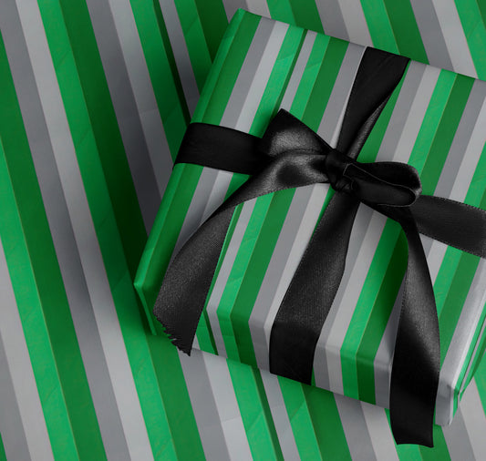Green and Gray Striped Gift Box with Black Bow