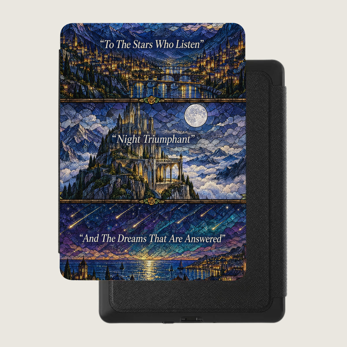 Kindle case featuring a three-panel fantasy landscape with stained glass texture and motivational text quotes.