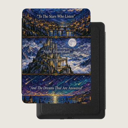 Kindle case featuring a three-panel fantasy landscape with stained glass texture and motivational text quotes.