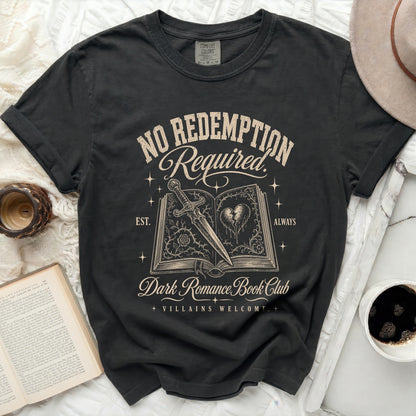 Black t-shirt with "No Redemption Required Dark Romance Book Club" text.