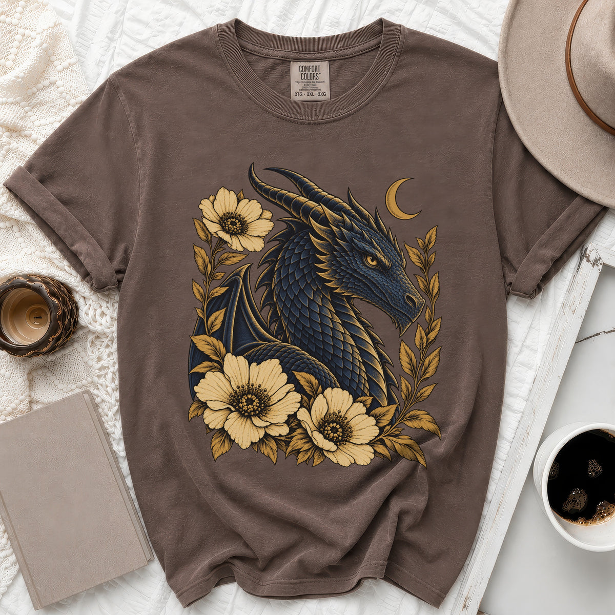 Brown t-shirt with a dark blue dragon and yellow flowers design.