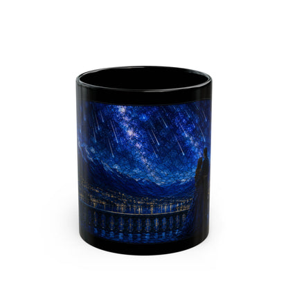 Black mug with two silhouettes overlooking a city skyline under a starry night.