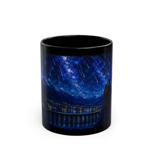 Black mug with two silhouettes overlooking a city skyline under a starry night.