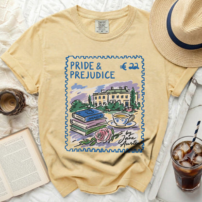 Yellow t-shirt with a stamped illustration of Pride and Prejudice.