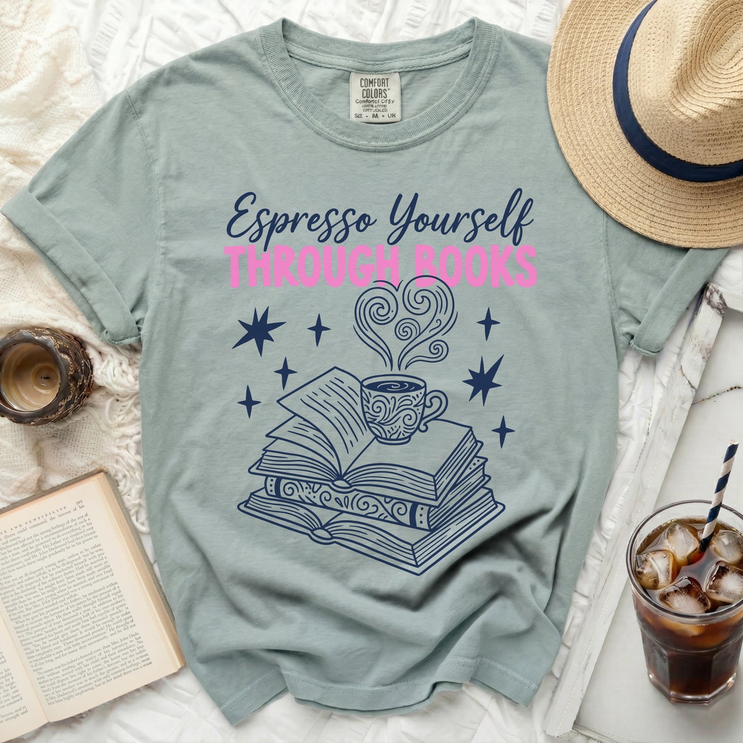 T-shirt with "Espresso Yourself" text and a steaming coffee cup over books.