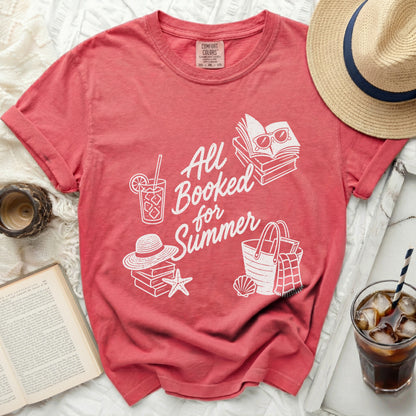 Red t-shirt with "All Booked for Summer" text and beach icons.