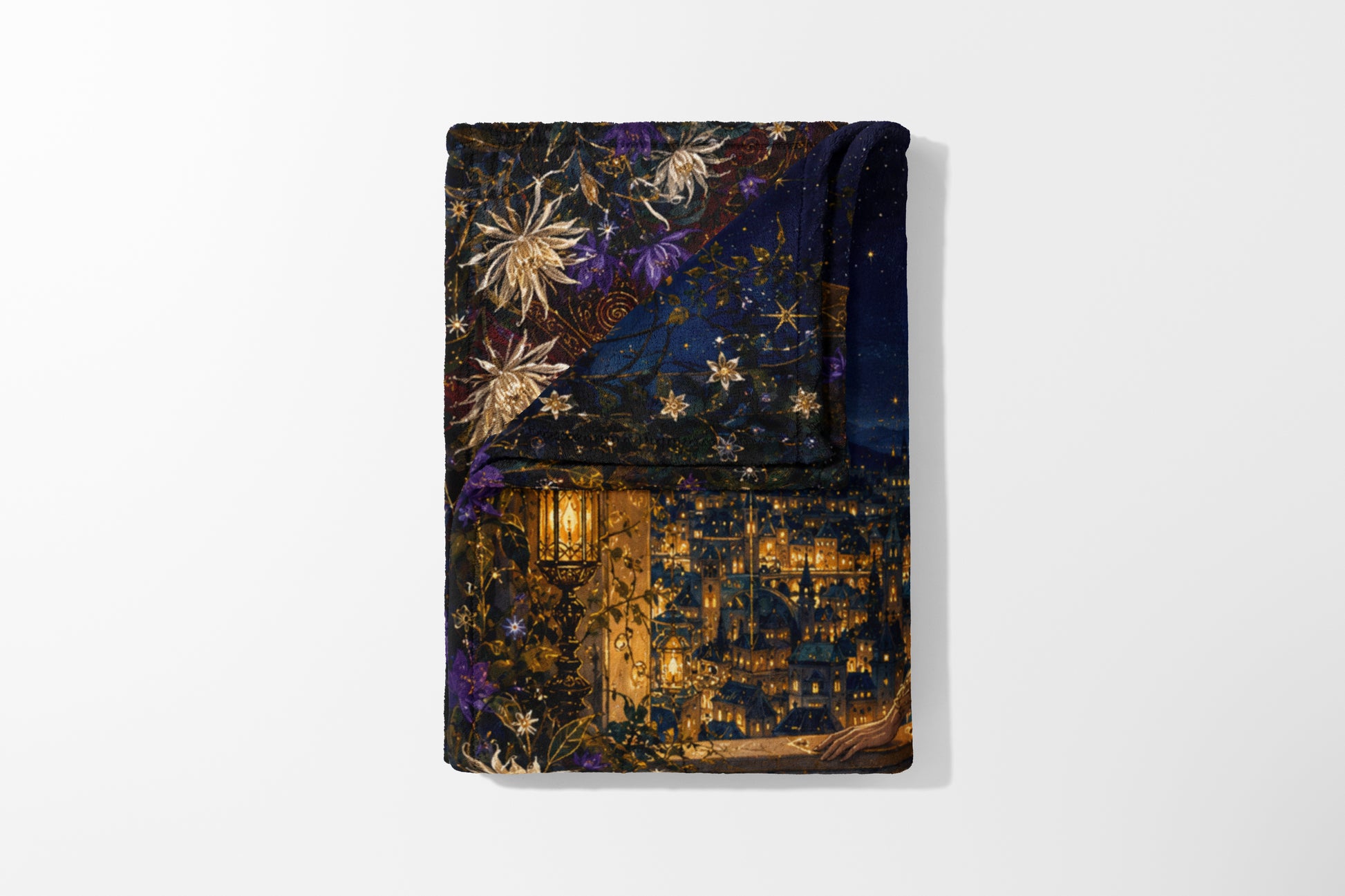 Fantasy cityscape with glowing lanterns, stars, and flowing fabric.
