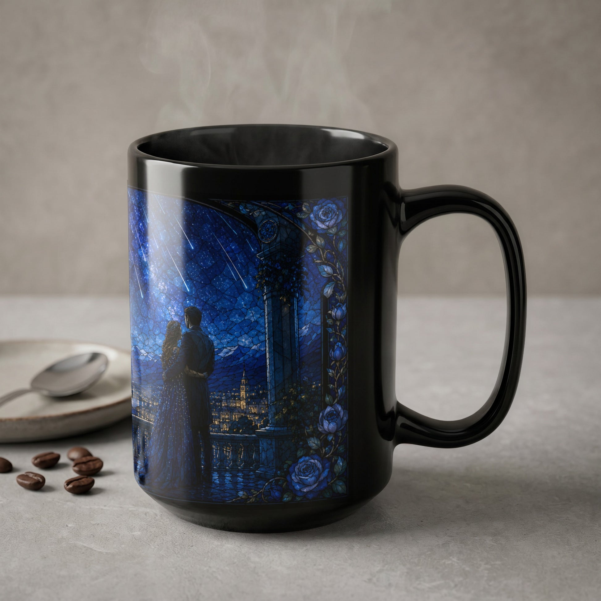 Black mug with a couple looking at a starry night over a city.