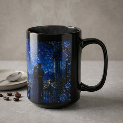 Black mug with a couple looking at a starry night over a city.