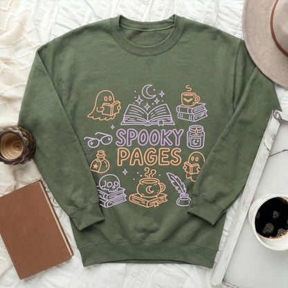 Green sweatshirt with "SPOOKY PAGES" and Halloween-themed book graphics.