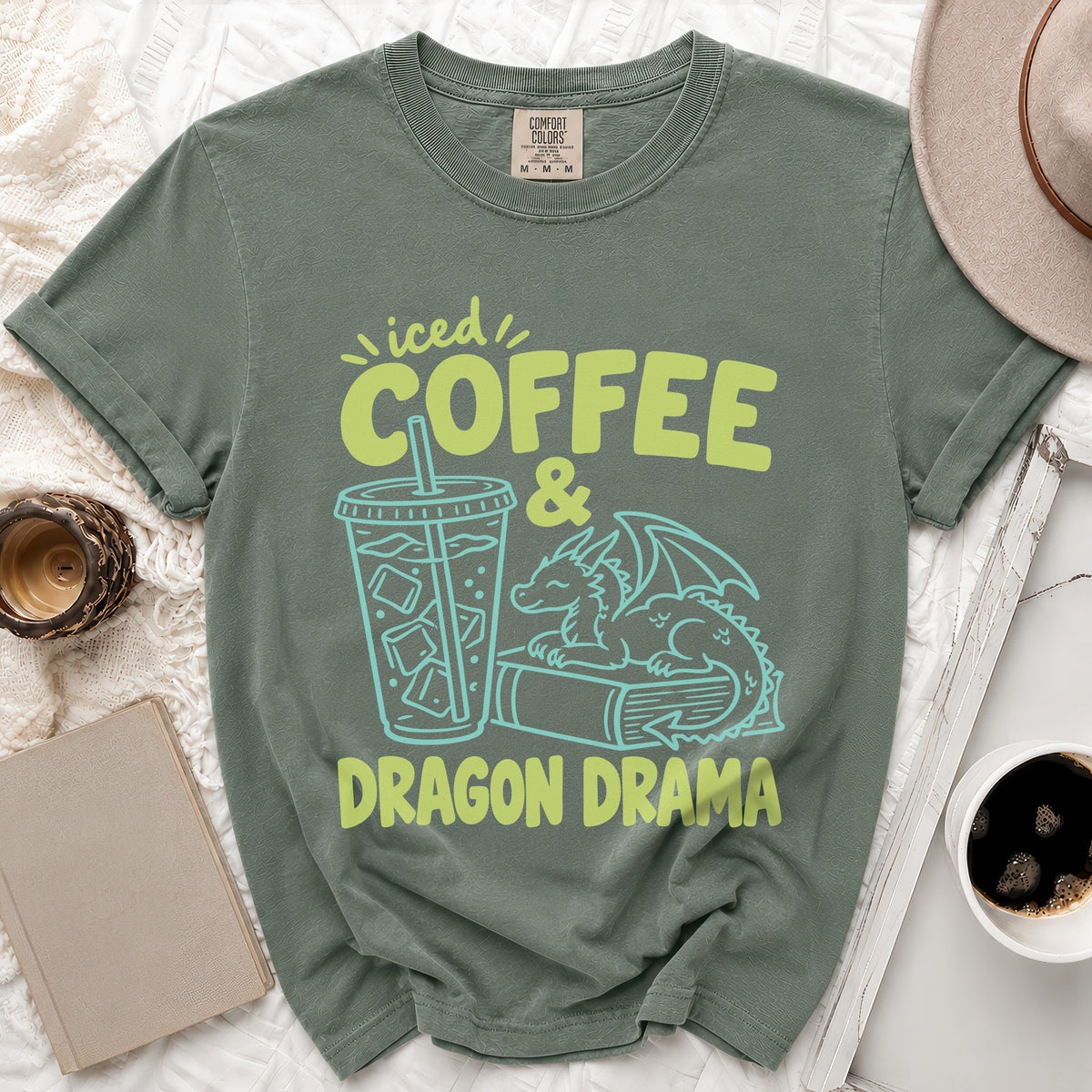Green t-shirt with "iced COFFEE & DRAGON DRAMA" text and dragon graphic.
