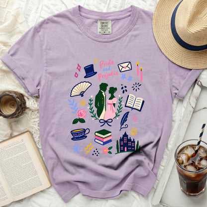 Lavender t-shirt with "Pride and Prejudice" print and bookish illustrations.