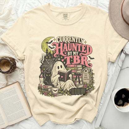 Ghost reading book with "Currently Haunted By My TBR" text.