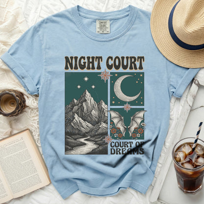 Light blue t-shirt with "Night Court Court of Dreams" and celestial mountain design.