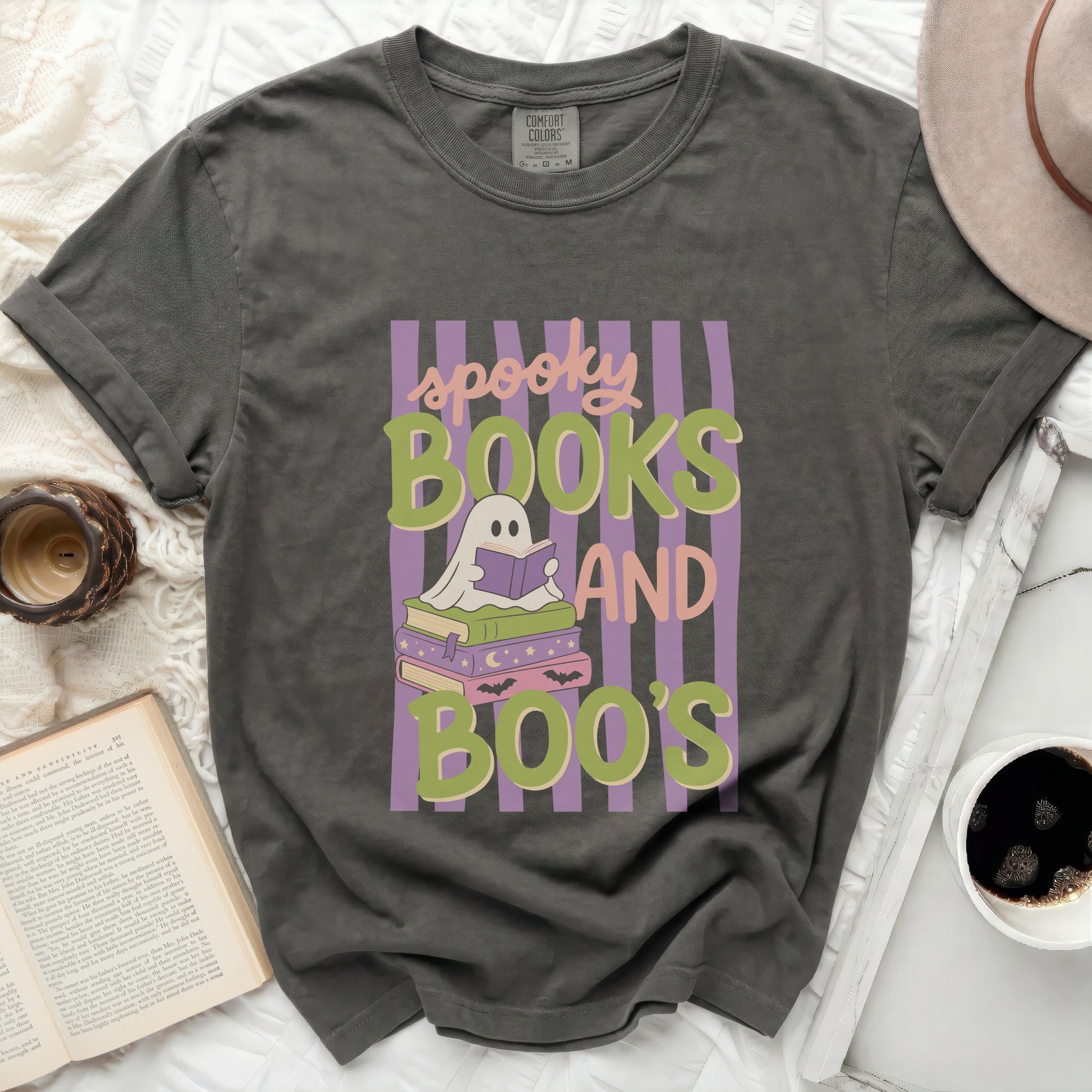 Grey Comfort Colors t-shirt with "spooky BOOKS AND BOO'S" ghost and book graphic.