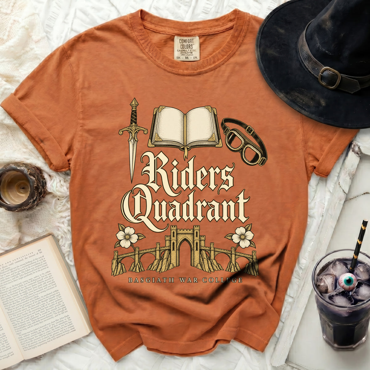 Orange t-shirt with Riders Quadrant and Basgiath War College design.