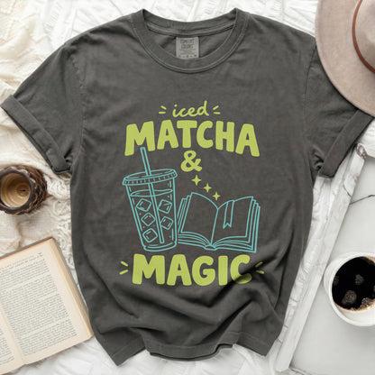 Iced Matcha & Magic graphic t-shirt with cup and book.