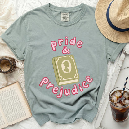 Green t-shirt with "Pride & Prejudice" text and book graphic.