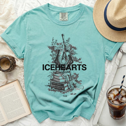 Icehearts London graphic t-shirt with books and hockey sticks design.
