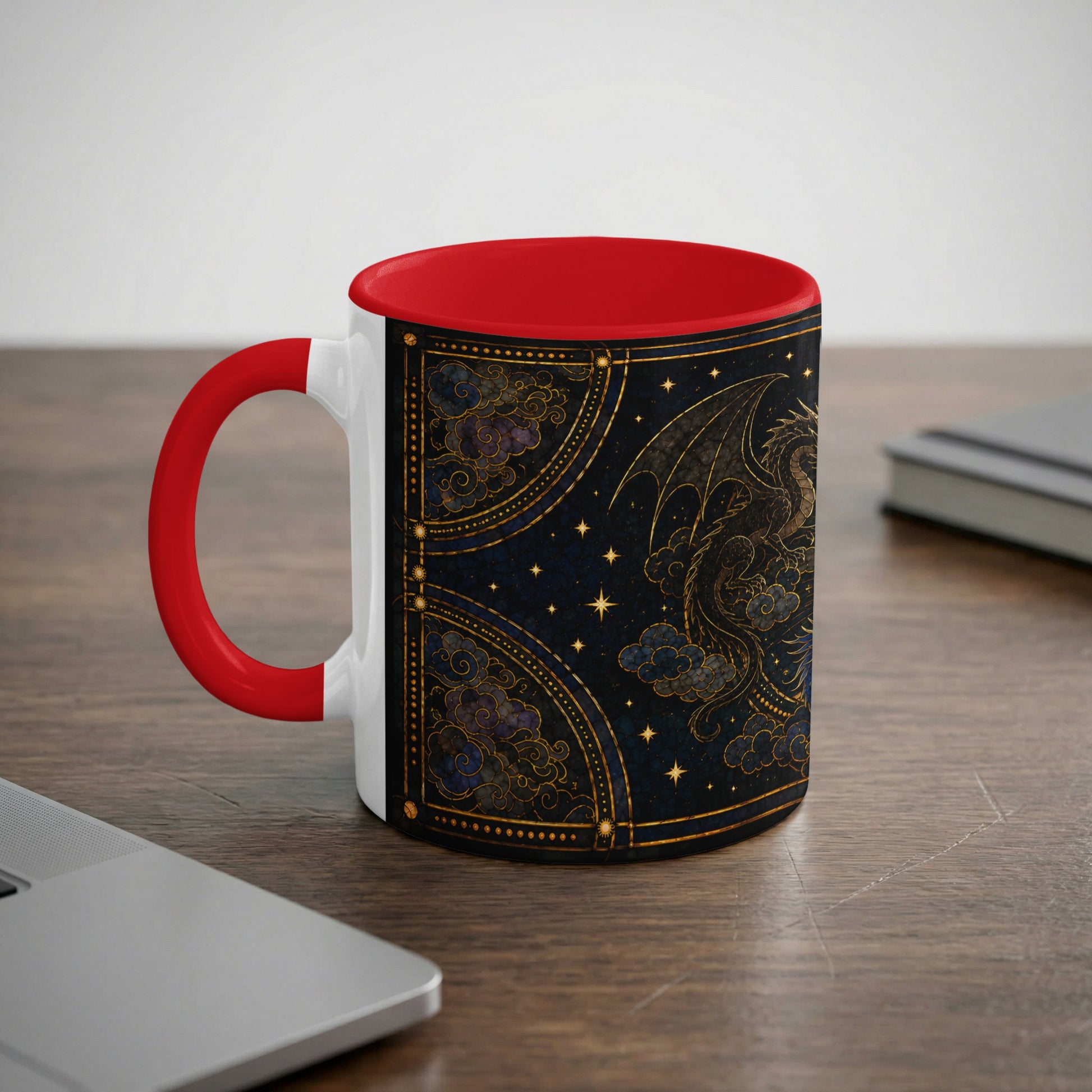 White mug with a red handle and interior, featuring a dark blue dragon design.