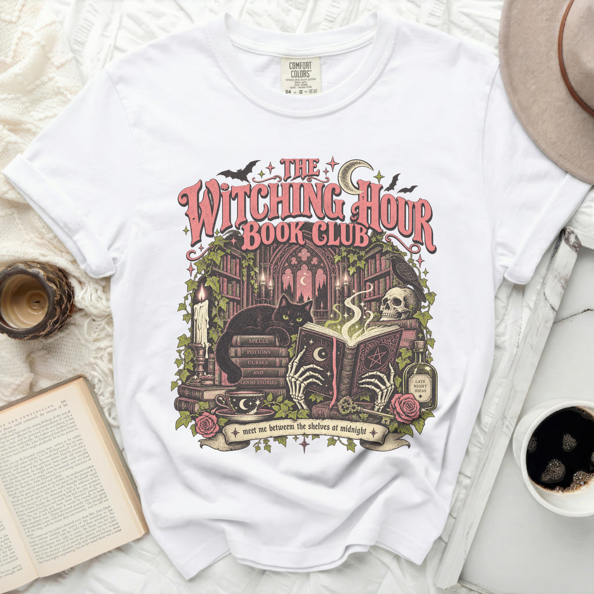 The Witching Hour Book Club graphic tee with a black cat and gothic elements.