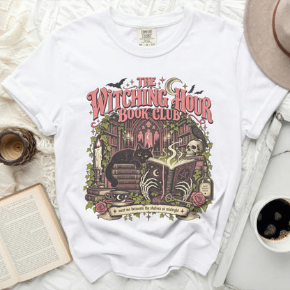 The Witching Hour Book Club graphic tee with a black cat and gothic elements.