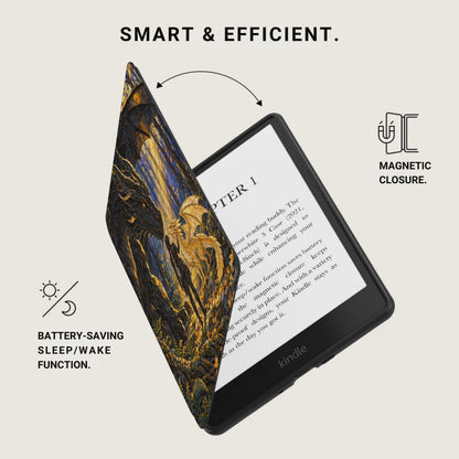 Kindle e-reader with a dragon-themed cover, featuring magnetic closure and sleep/wake function.