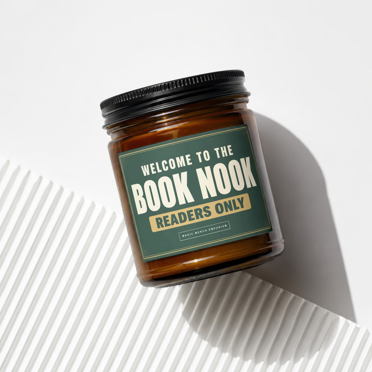 Amber jar candle with "Welcome to the Book Nook Readers Only" label.