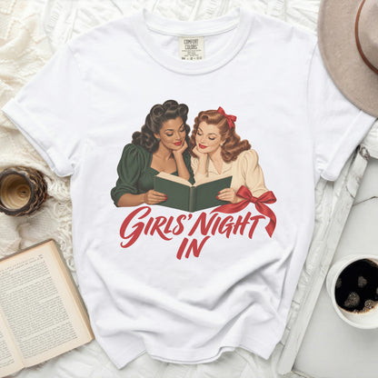 White t-shirt with vintage illustration of two women reading and the text "Girls' Night In".