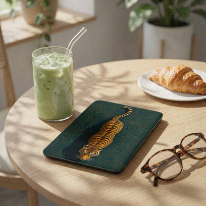 Tablet with tiger illustration and wave pattern on a wooden table.