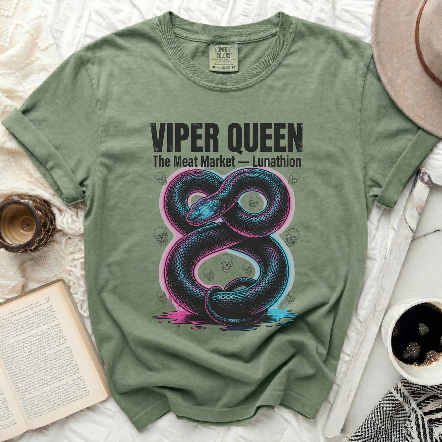 Green t-shirt with a neon snake and skull graphic, reading "Viper Queen".