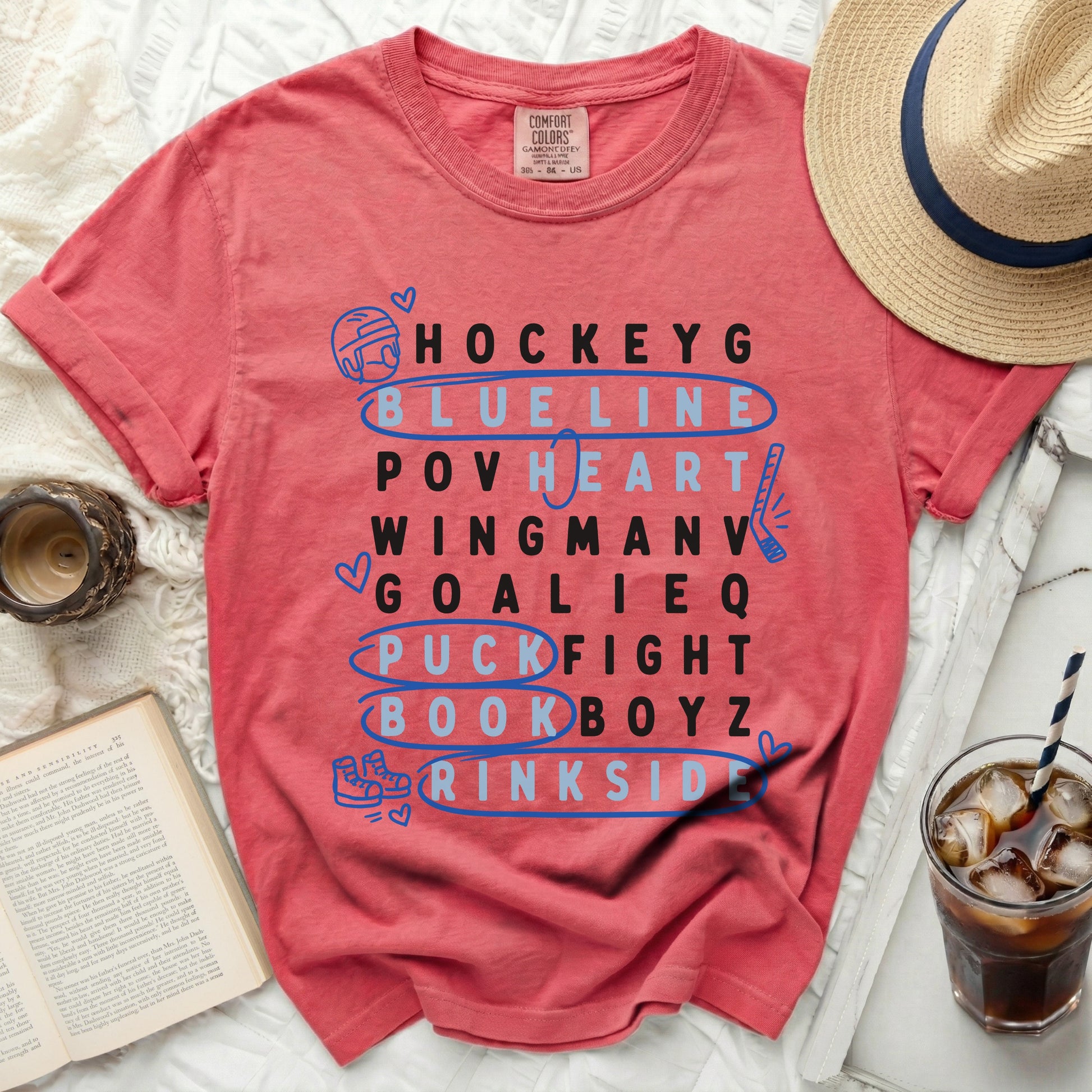 Red t-shirt with hockey terms arranged in columns and "hockey" in a heart.