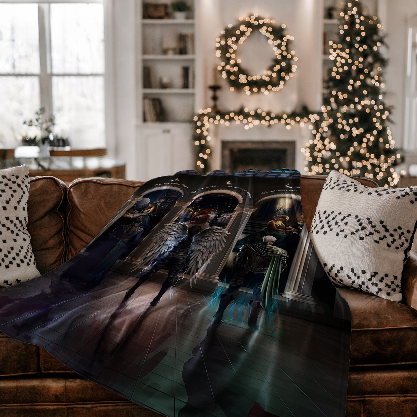 Fantasy Themed Blanket with Angels and Warriors Design