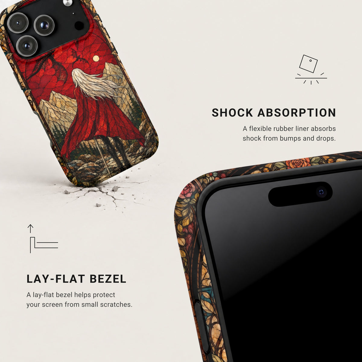 Two views of a phone case with a stained glass-style artwork of a blonde woman in a red cloak.
