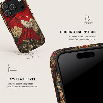 Two views of a phone case with a stained glass-style artwork of a blonde woman in a red cloak.