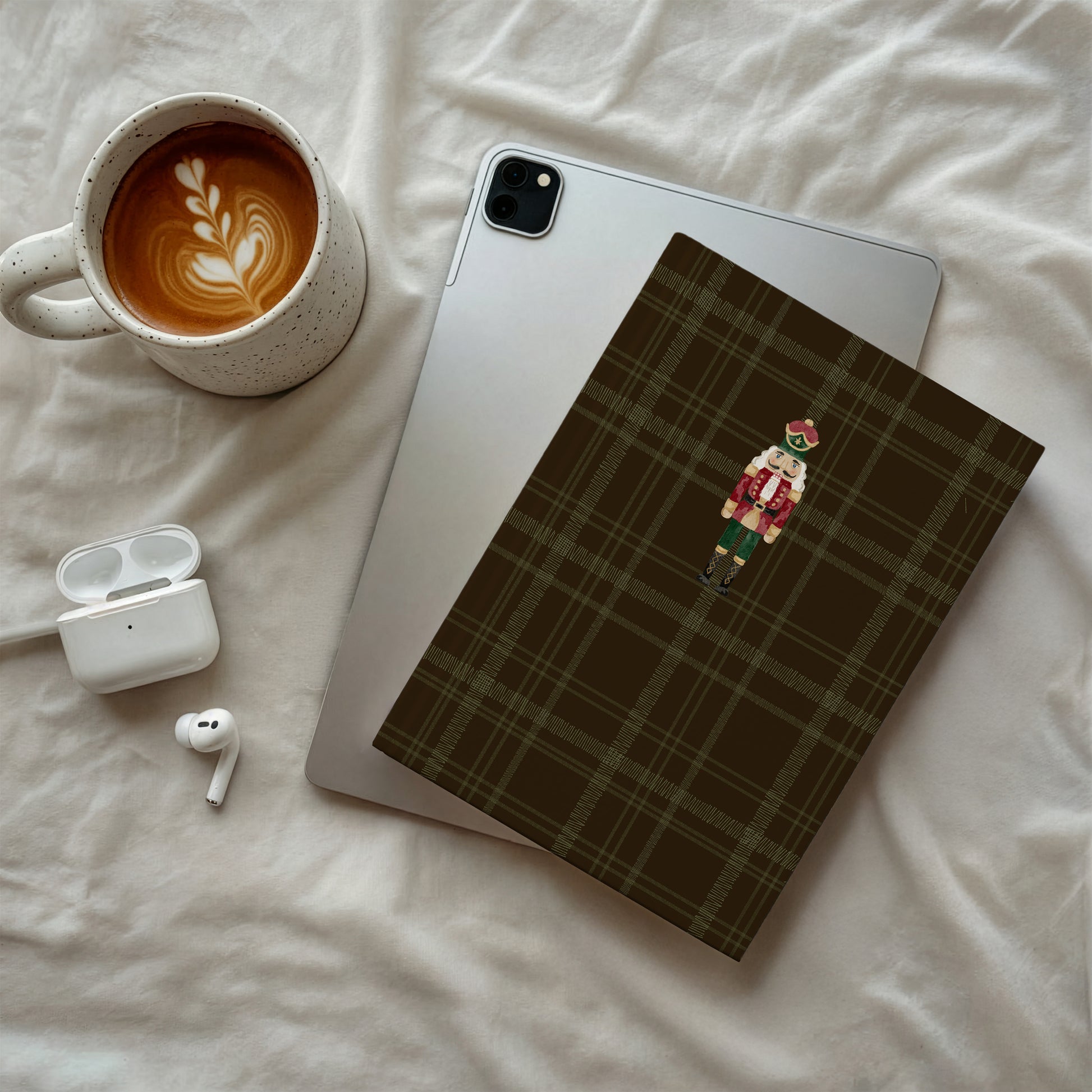 Dark Plaid Brown Notebook with Cute Cartoon Figurine