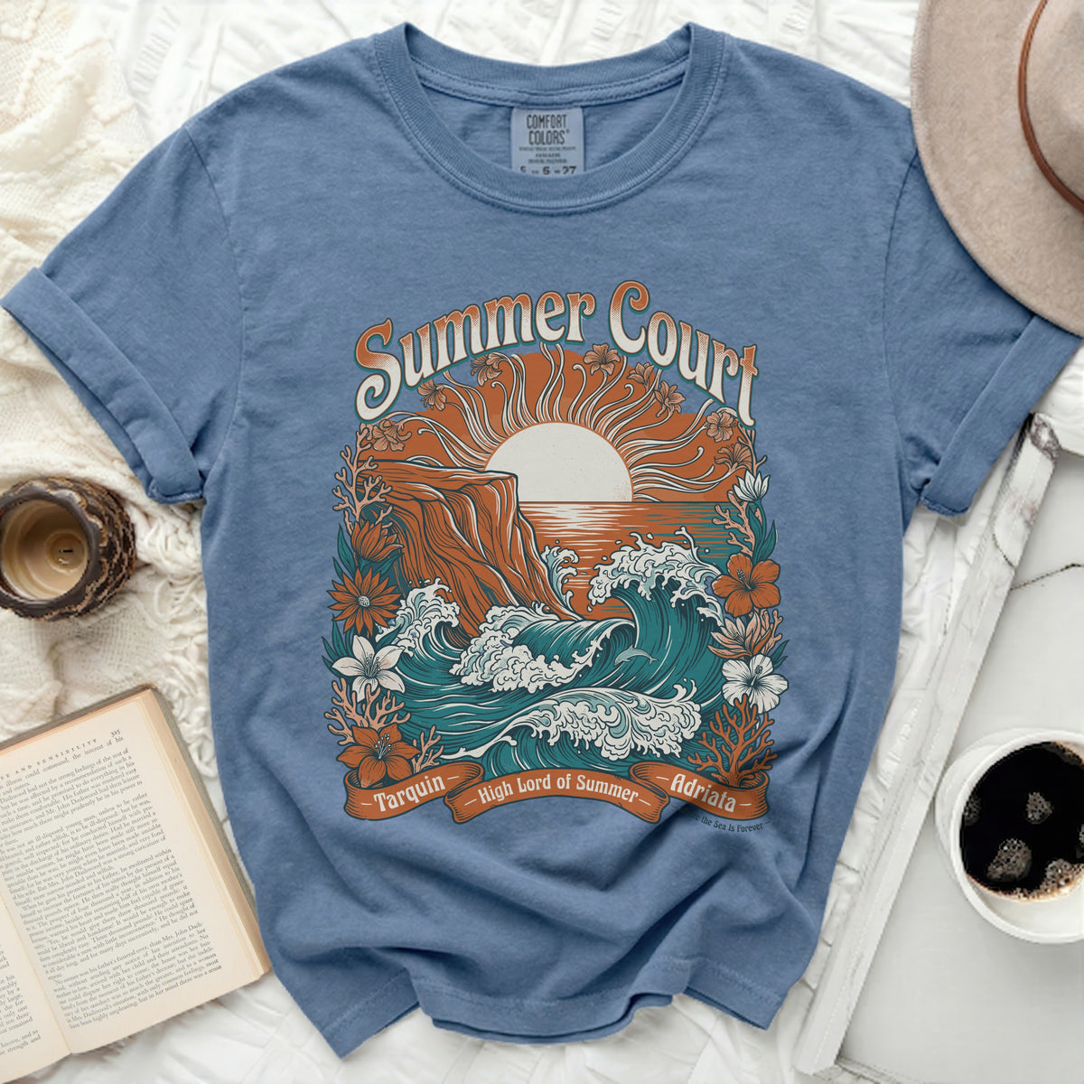 Blue t-shirt with "Summer Court High Lord of Summer" text and beach scene.