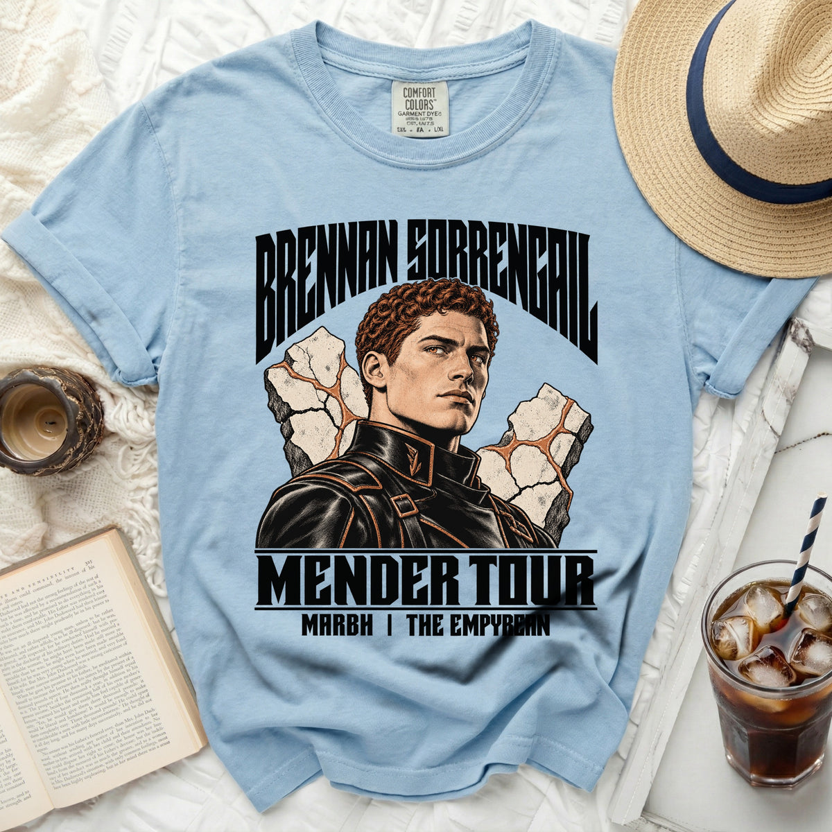 Light blue t-shirt with graphic: Brennan Sorrengal Mender Tour Marbh | The Empybean.