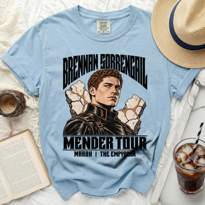 Light blue t-shirt with graphic: Brennan Sorrengal Mender Tour Marbh | The Empybean.