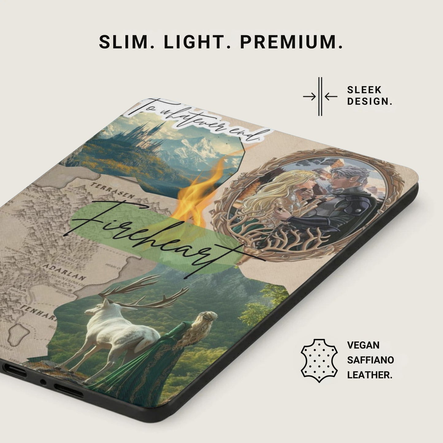 Phone case with fantasy art featuring a stag, castle, and couple, text "Fireheart".