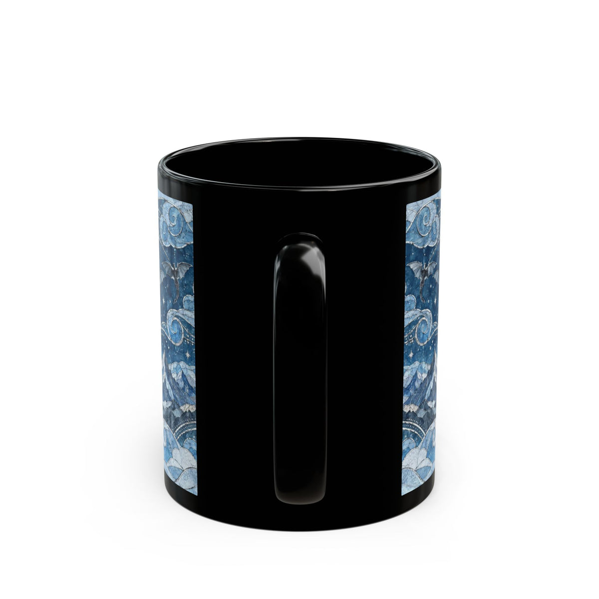A black ceramic mug featuring a blue, starry night sky pattern wrapping around both sides of the handle.