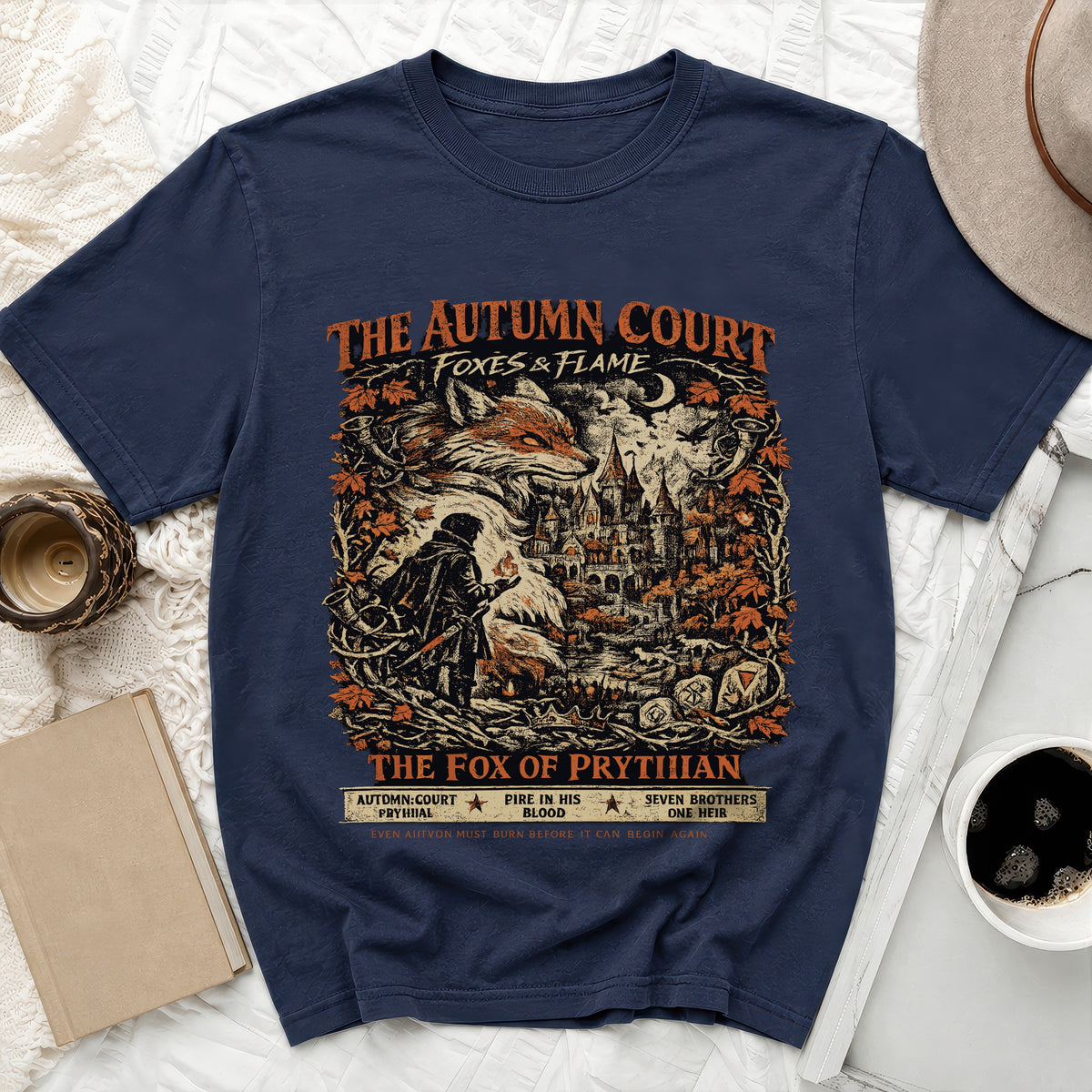 Dark blue t-shirt with "The Autumn Court Foxes & Flame" and "The Fox of Prytian" graphic.